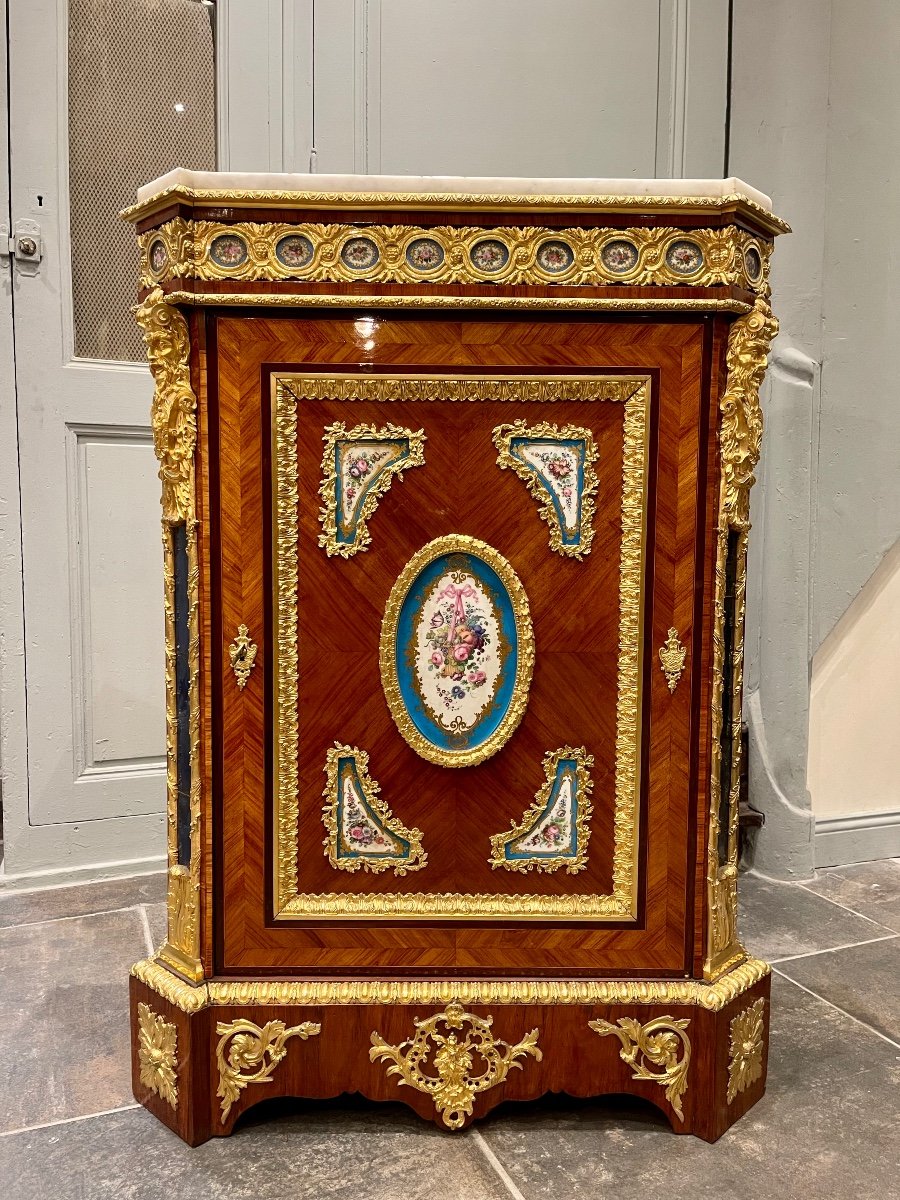 Support Unit In Rosewood Marquetry And Sèvres Porcelain Medallions 19th Century-photo-2