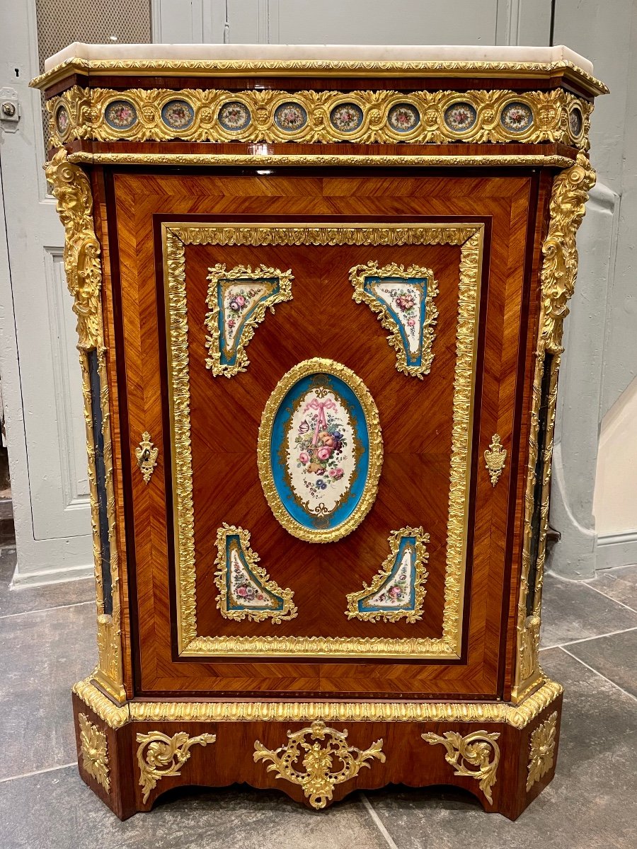 Support Unit In Rosewood Marquetry And Sèvres Porcelain Medallions 19th Century