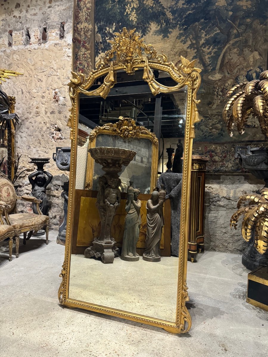 “hirondelles” Fireplace Mirror In Golden Wood From The Napoleon III Period 2m10 X 1m06-photo-2