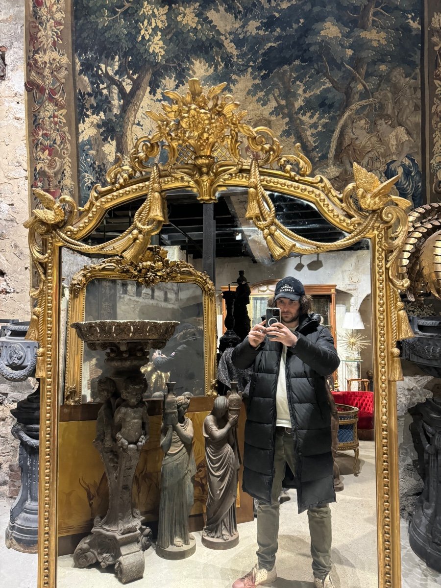 “hirondelles” Fireplace Mirror In Golden Wood From The Napoleon III Period 2m10 X 1m06-photo-3