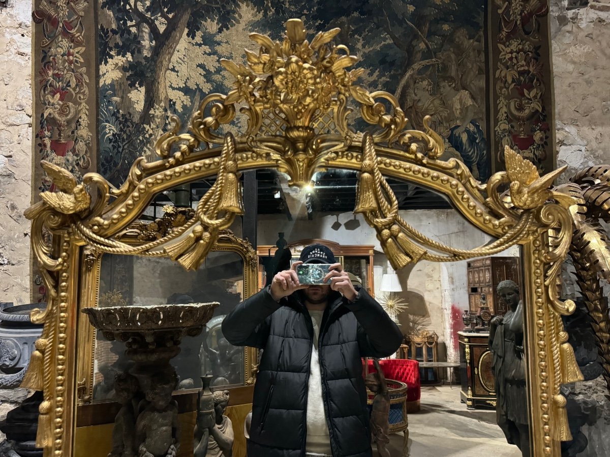 “hirondelles” Fireplace Mirror In Golden Wood From The Napoleon III Period 2m10 X 1m06-photo-1