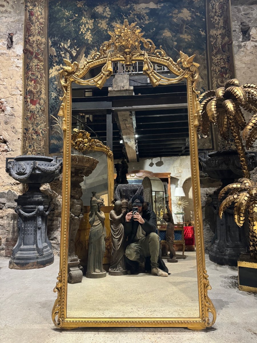 “hirondelles” Fireplace Mirror In Golden Wood From The Napoleon III Period 2m10 X 1m06