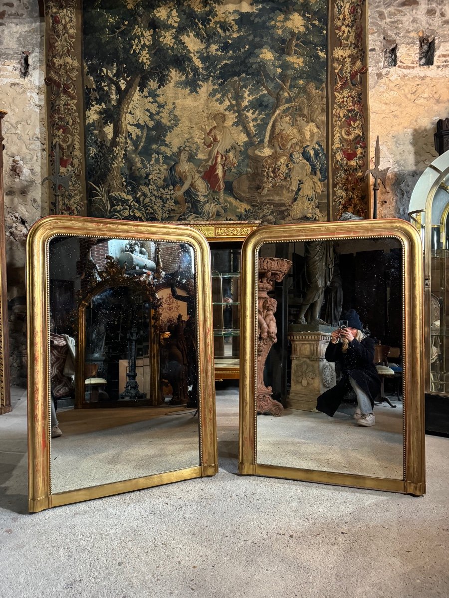 Paire De Miroirs D’époque Louis Philippe En Bois Doré 1m30 X 89 Cm -photo-1