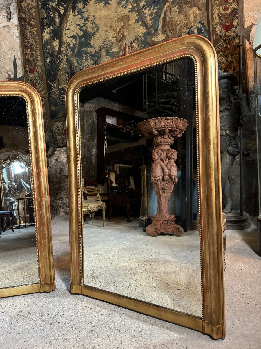 Paire De Miroirs D’époque Louis Philippe En Bois Doré 1m30 X 89 Cm -photo-3