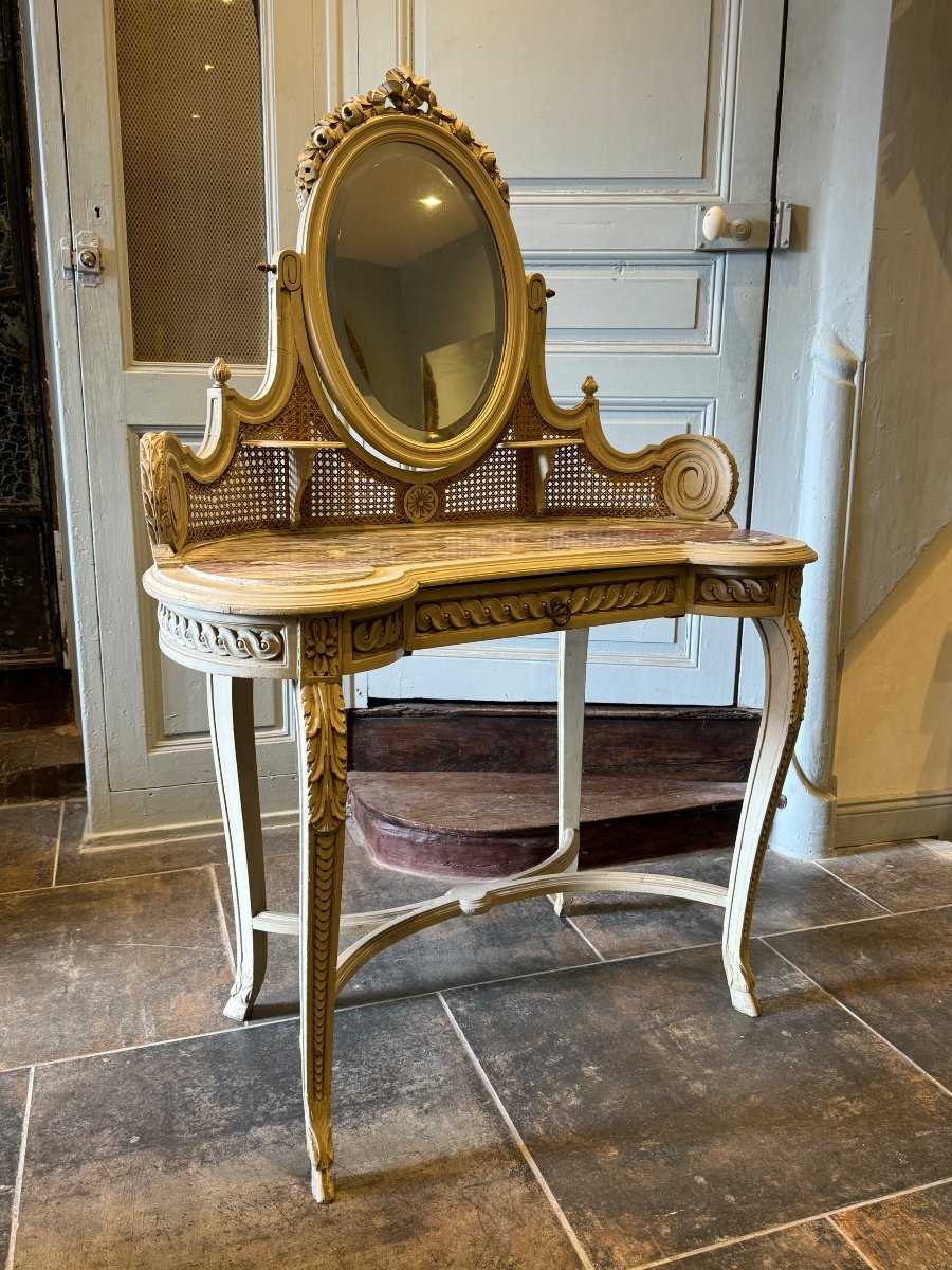 Coiffeuse En Cannage De Style Louis XVI En Bois Réchampie D’époque Napoléon III-photo-2