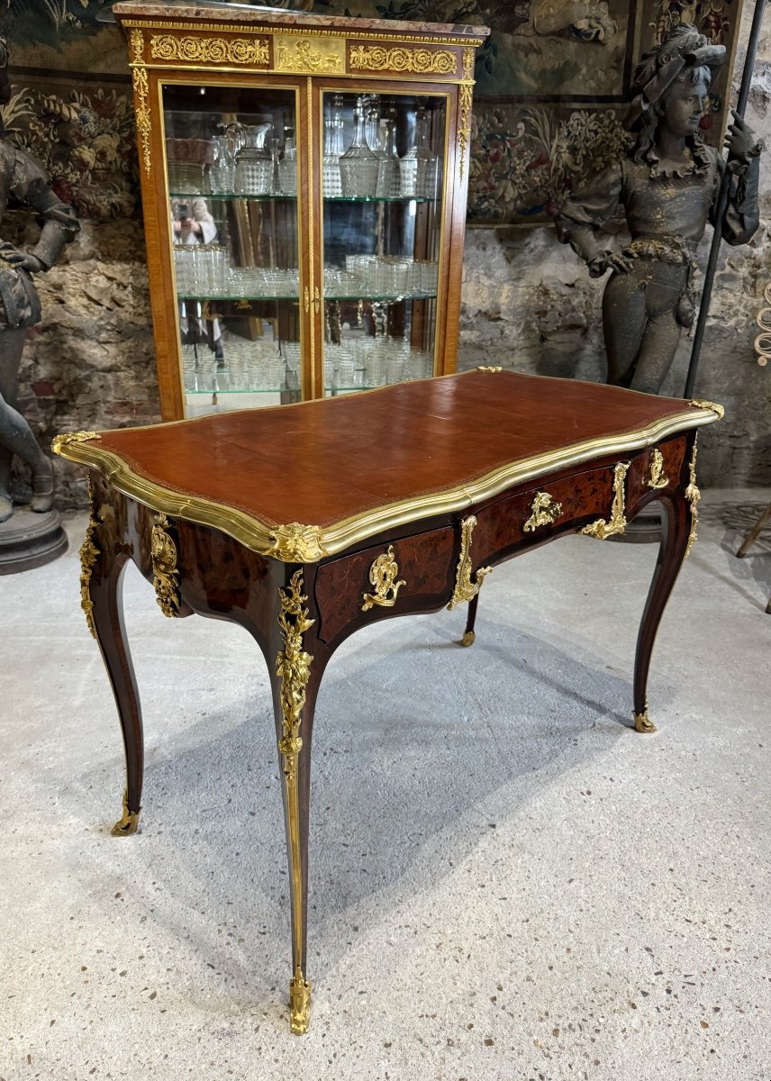 Louis XV Style Bureau Plat In Marquetry From The Napoleon III Period-photo-2