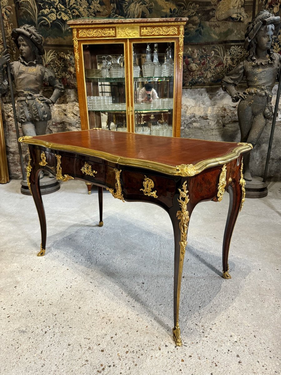 Louis XV Style Bureau Plat In Marquetry From The Napoleon III Period-photo-3