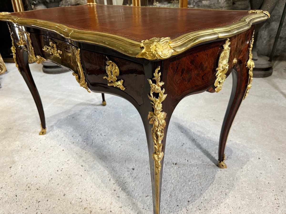 Louis XV Style Bureau Plat In Marquetry From The Napoleon III Period-photo-2