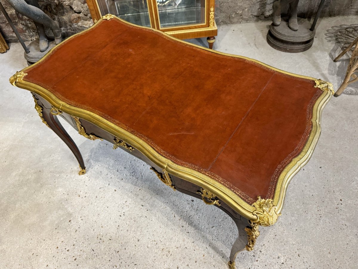 Louis XV Style Bureau Plat In Marquetry From The Napoleon III Period-photo-3