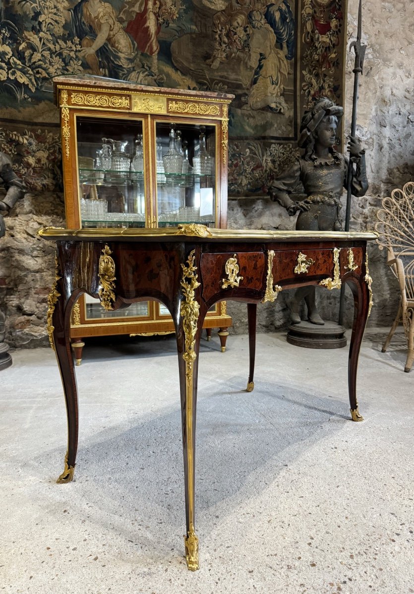 Louis XV Style Bureau Plat In Marquetry From The Napoleon III Period-photo-4