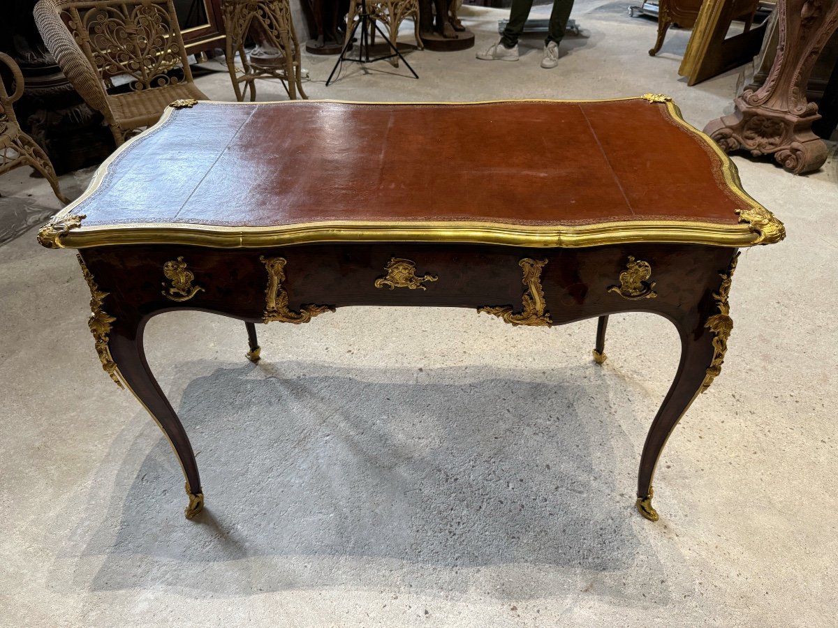 Louis XV Style Bureau Plat In Marquetry From The Napoleon III Period-photo-5