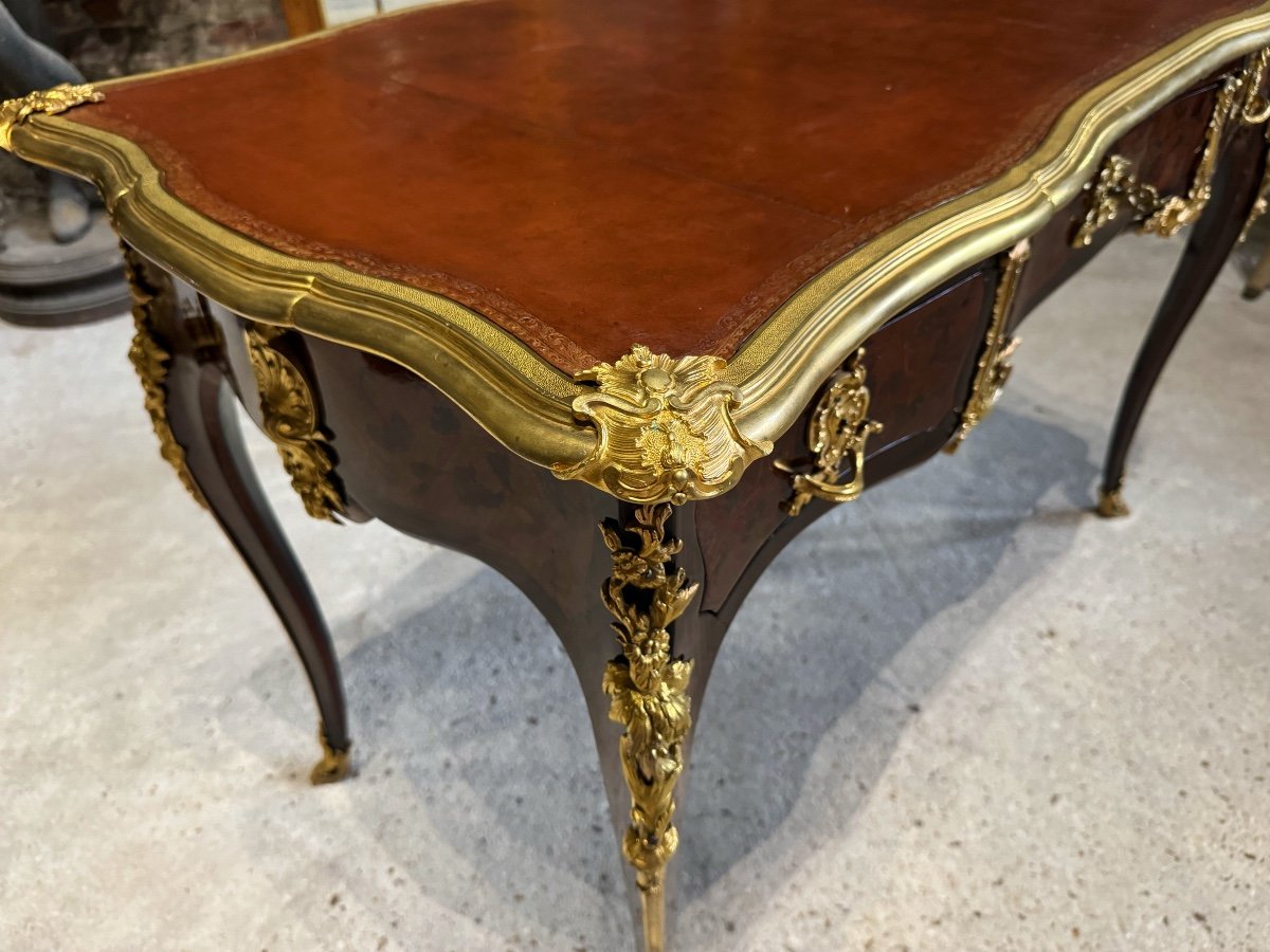 Louis XV Style Bureau Plat In Marquetry From The Napoleon III Period-photo-6