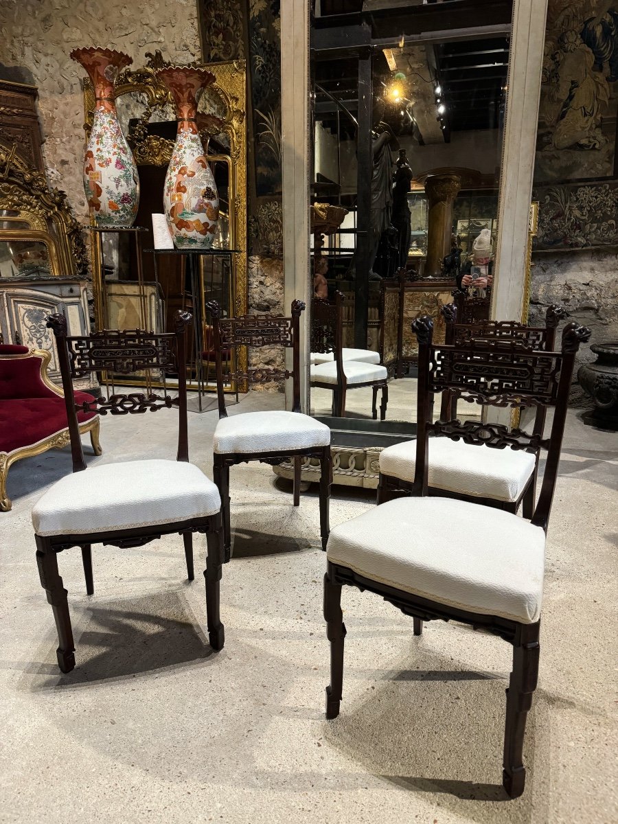 Suite De 4 Chaises Japonisante Attribuées à Gabriel Viardot XIX ème Siècle 