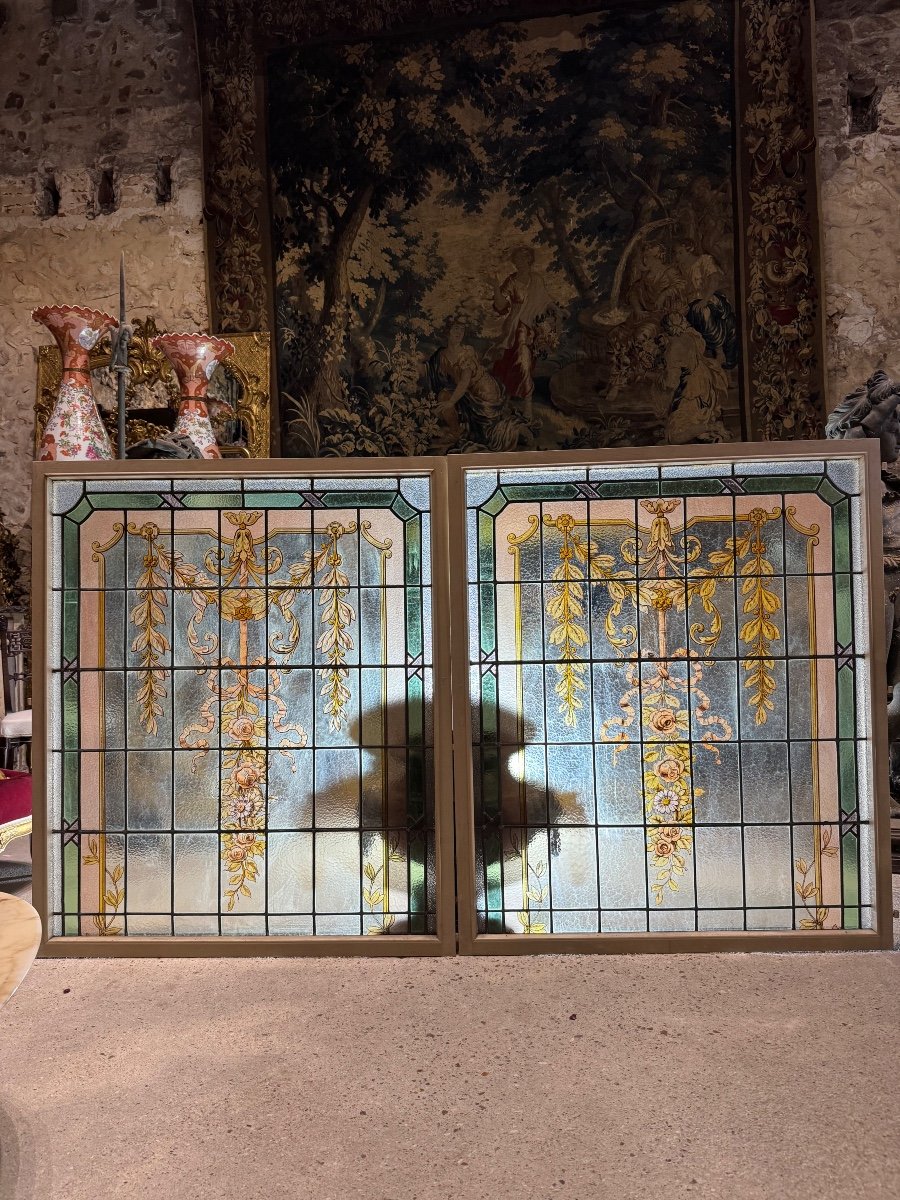 Pair Of Art Nouveau Stained Glass Windows In Louis XVI Style -photo-2