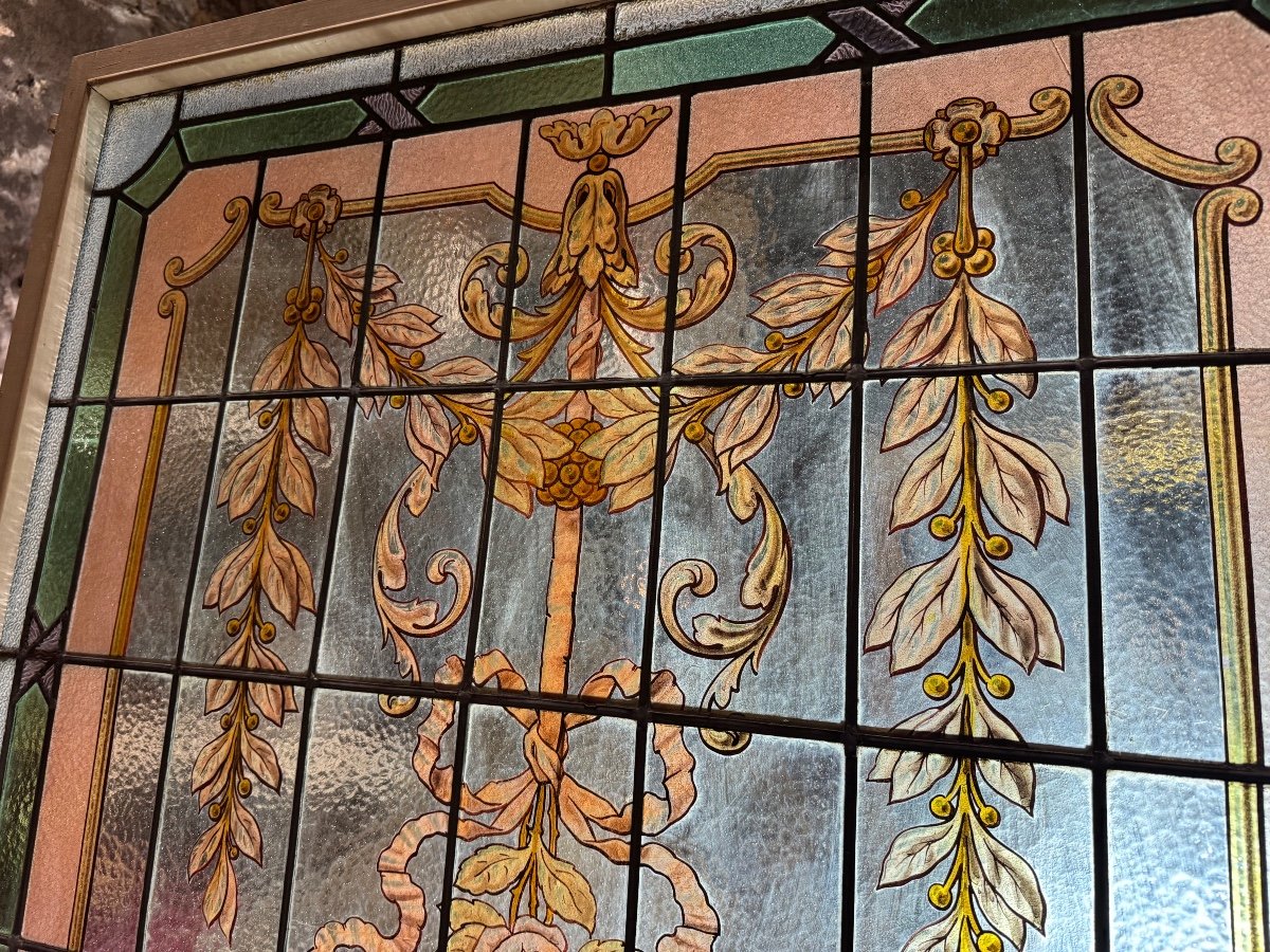 Pair Of Art Nouveau Stained Glass Windows In Louis XVI Style -photo-3