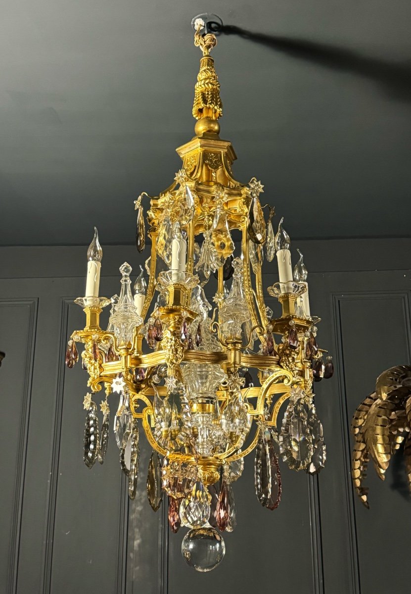 Pagoda Shaped Chandelier In Gilt Bronze And Crystal Attributed To Henri Vian-photo-2