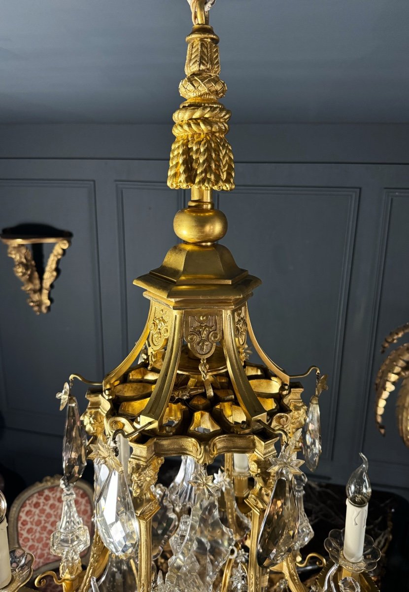 Pagoda Shaped Chandelier In Gilt Bronze And Crystal Attributed To Henri Vian-photo-3