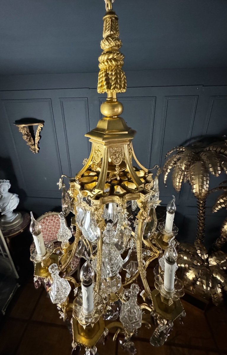 Pagoda Shaped Chandelier In Gilt Bronze And Crystal Attributed To Henri Vian-photo-3