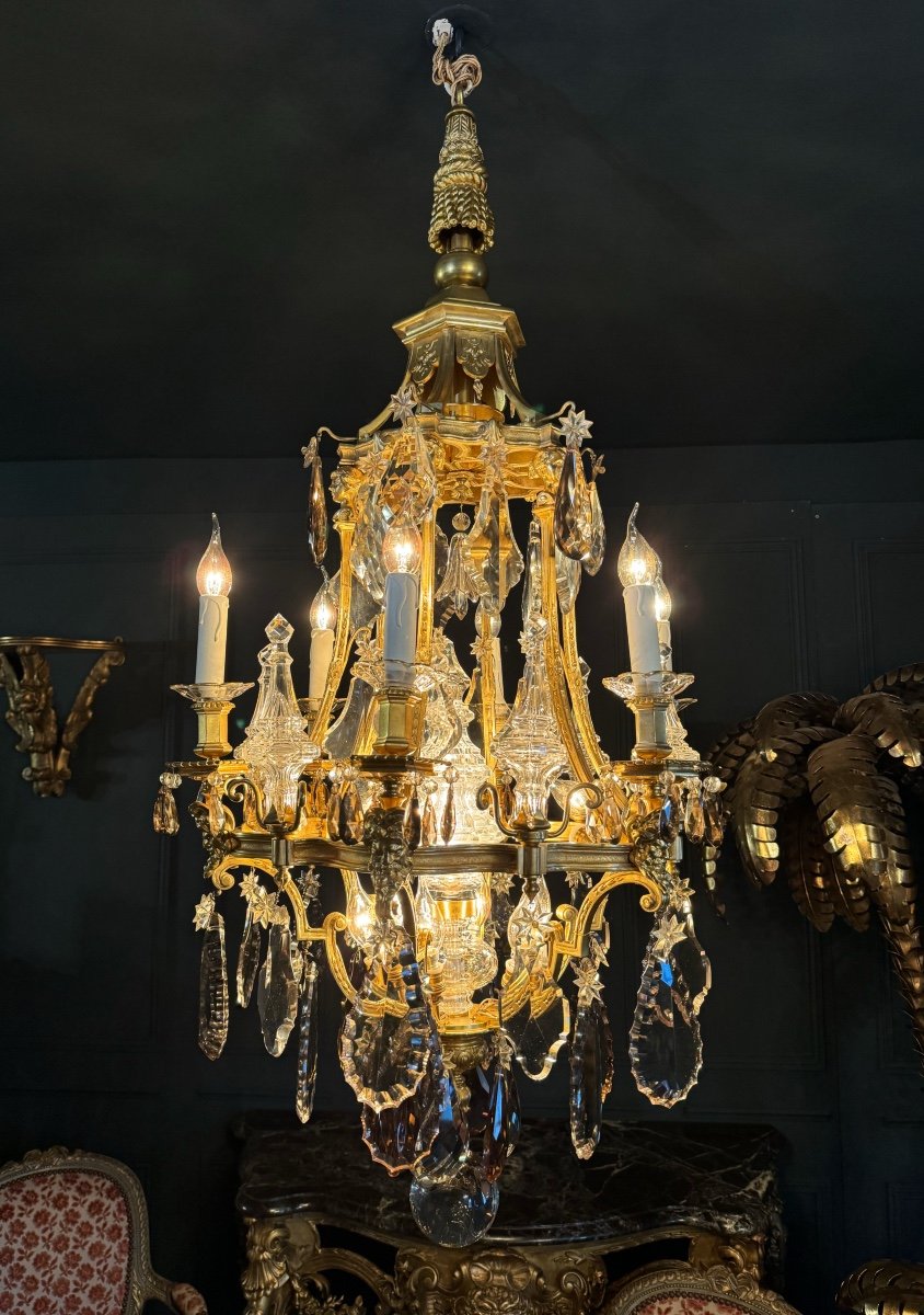 Pagoda Shaped Chandelier In Gilt Bronze And Crystal Attributed To Henri Vian-photo-4