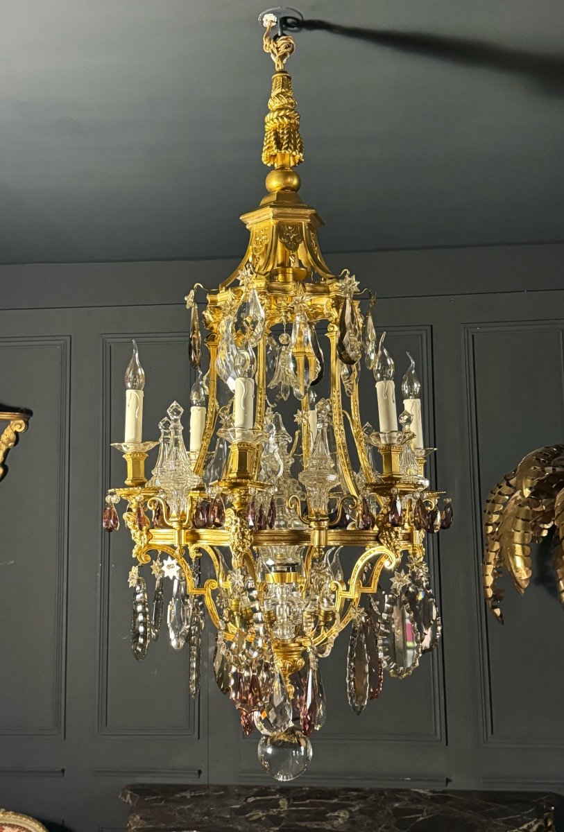 Pagoda Shaped Chandelier In Gilt Bronze And Crystal Attributed To Henri Vian