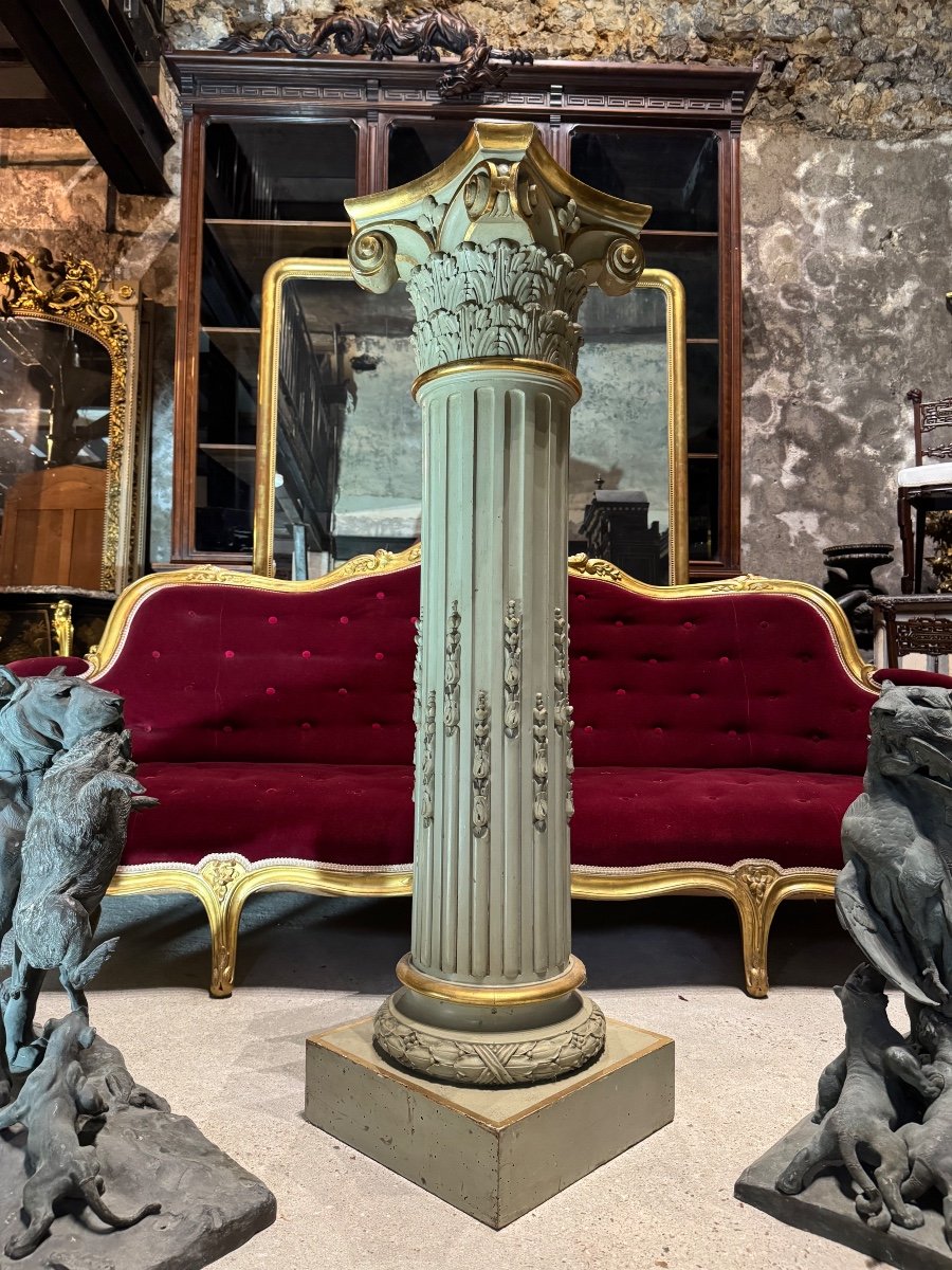 Colonne En Bois Sculpté à Chapiteau Corinthiens D’époque Napoléon III