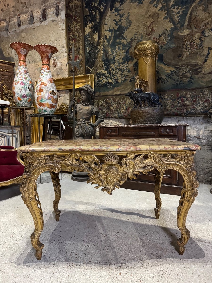 Console  « aux Armes De France » En Bois Doré D’époque Napoléon III