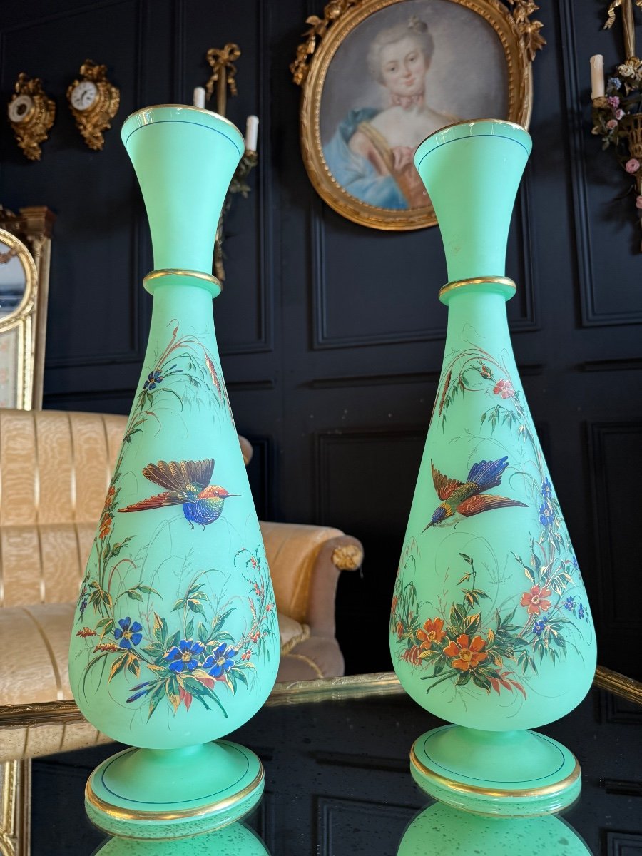 Paire De Vases En Opaline verte émaillée Du XIX ème Siècle ( ouraline ) -photo-2