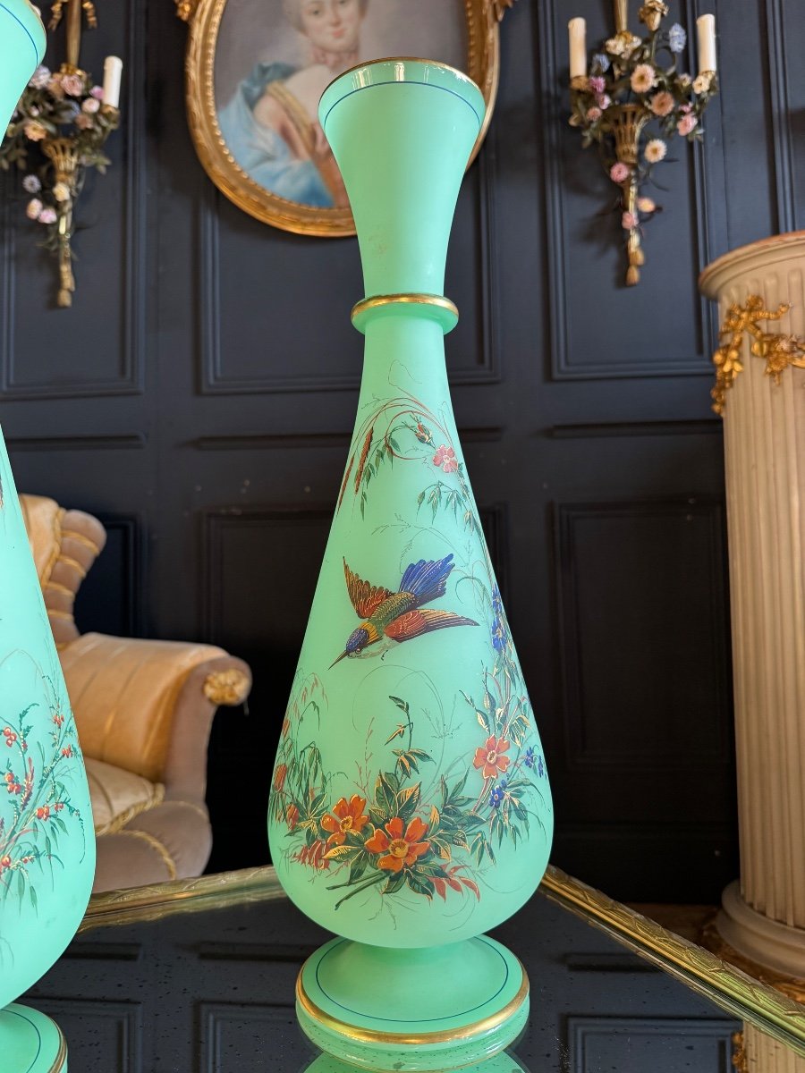 Paire De Vases En Opaline verte émaillée Du XIX ème Siècle ( ouraline ) -photo-3