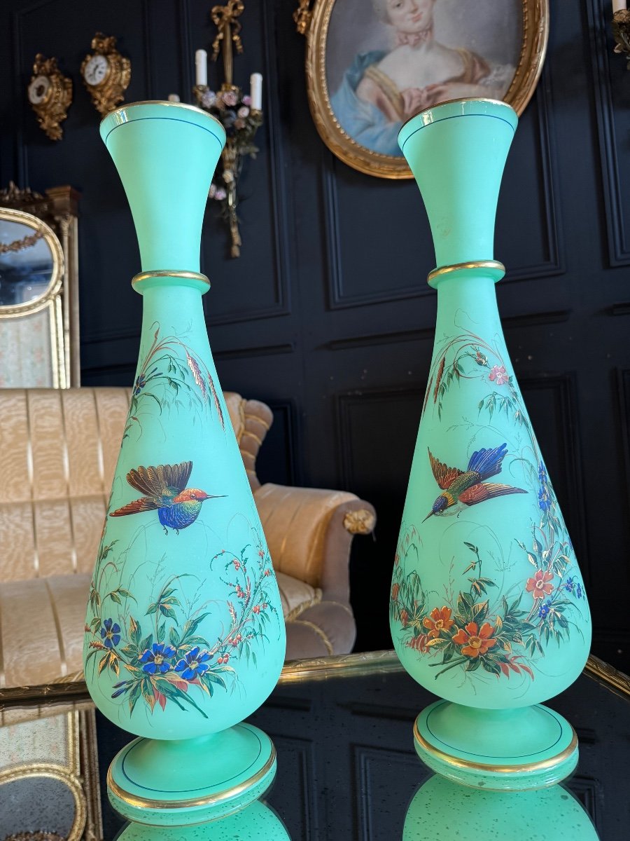 Paire De Vases En Opaline verte émaillée Du XIX ème Siècle ( ouraline ) -photo-3