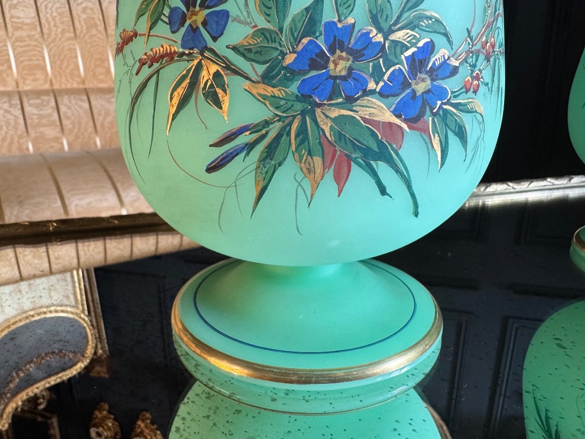 Paire De Vases En Opaline verte émaillée Du XIX ème Siècle ( ouraline ) -photo-4