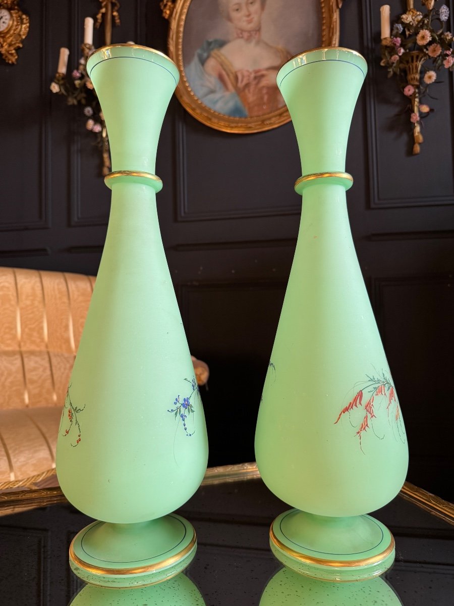 Paire De Vases En Opaline verte émaillée Du XIX ème Siècle ( ouraline ) -photo-7