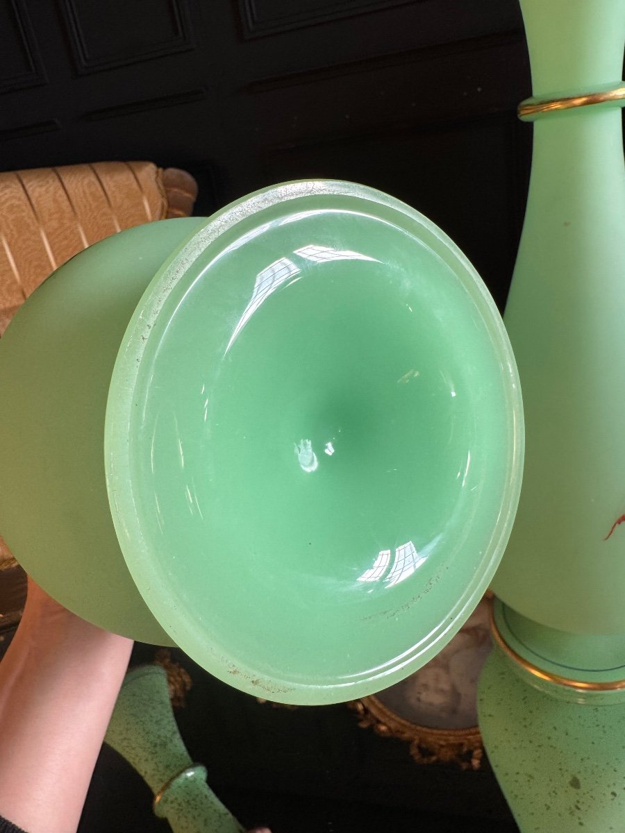 Paire De Vases En Opaline verte émaillée Du XIX ème Siècle ( ouraline ) -photo-8