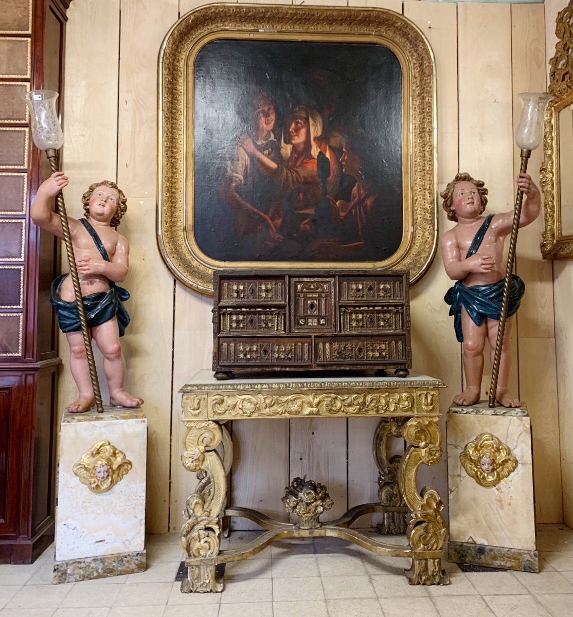 Paire De Portes torchères Aux Putti en bois sculpté Italie 19 ème Siècle Nubiens-photo-2