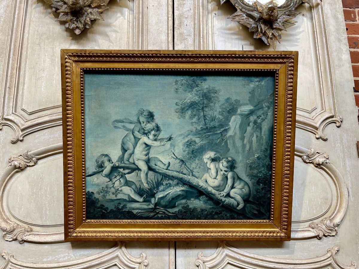 Oil On Canvas In Grisaille Early XIXth Century, Putti Scene-photo-7