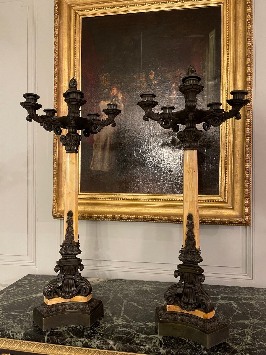 Pair Of Charles X Period Candelabra In Siena Marble And Bronze-photo-3