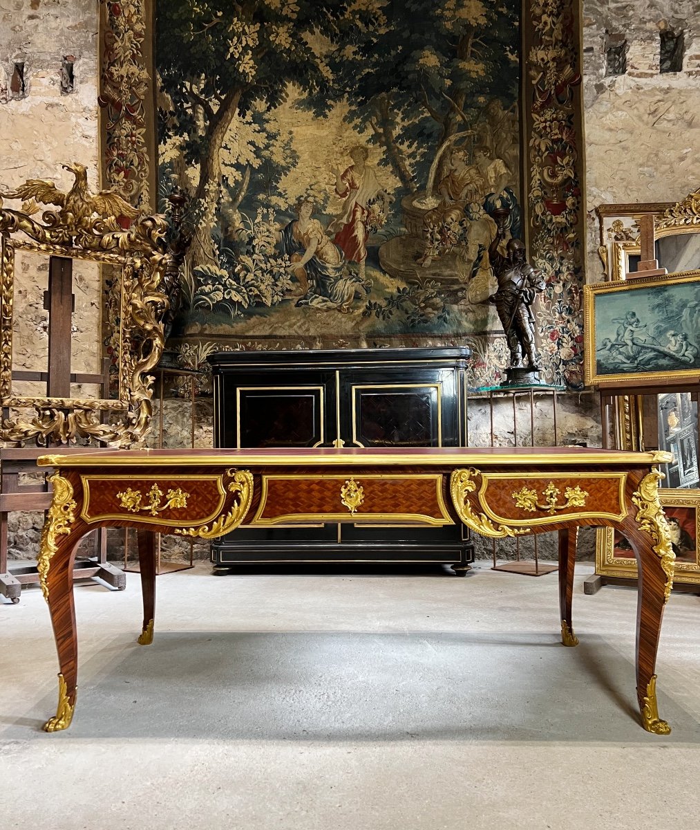 Bureau Plat De Style Louis XV En Marqueterie D’époque Napoléon III Attribué à Paul Sormani -photo-2