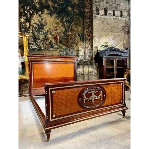 Louis XVI Style Bed In Cube Marquetry From The Napoleon III Period Signed From Maison Roll