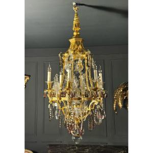 Pagoda Shaped Chandelier In Gilt Bronze And Crystal Attributed To Henri Vian