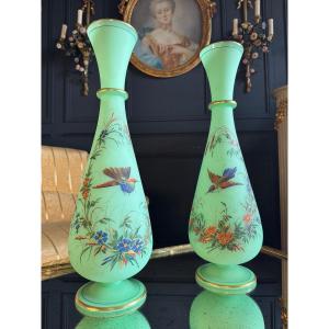 Pair Of 19th Century Enameled Green Opaline Vases (uraline) 