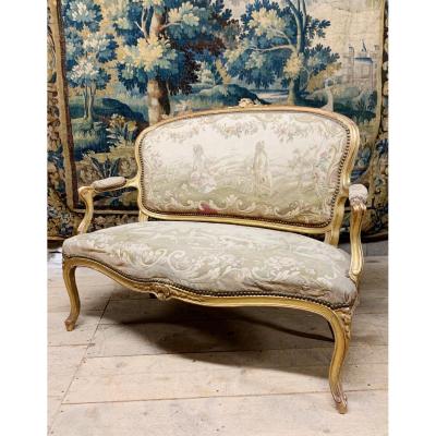 Sofa Louis XV Style Golden Wood Napoleon III Aubusson Tapestry Original 