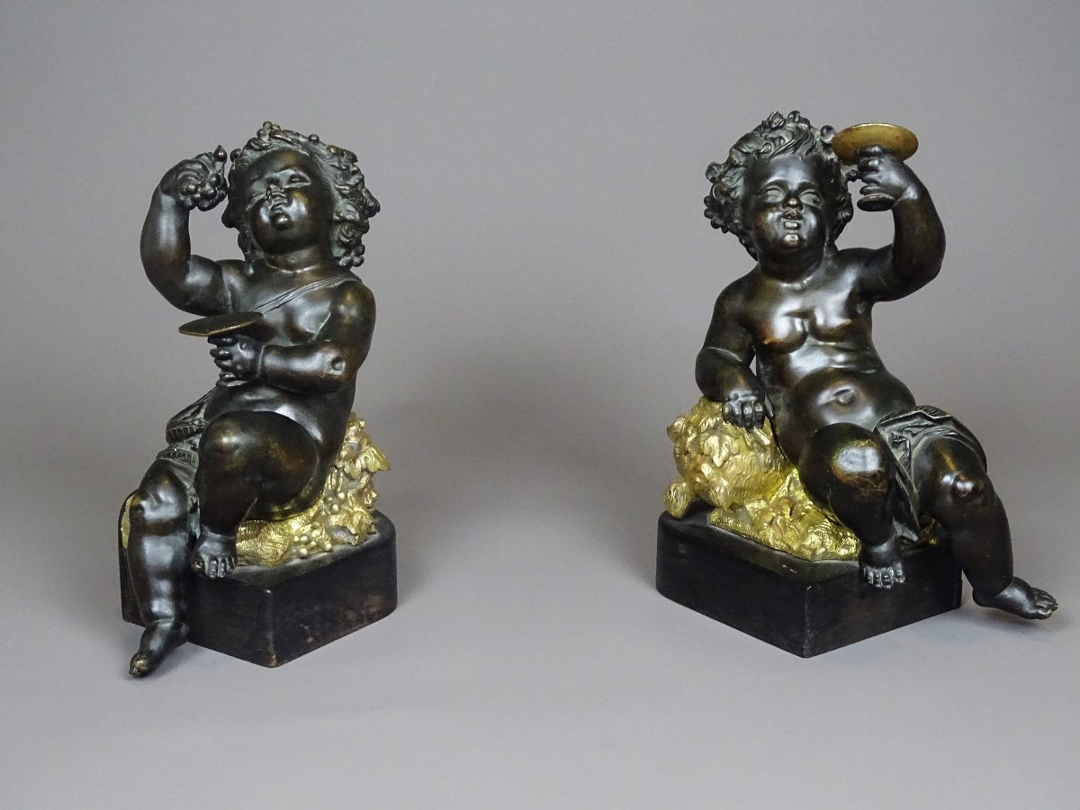 Paire De Putti / Chérubins En Bronze à Deux Patines