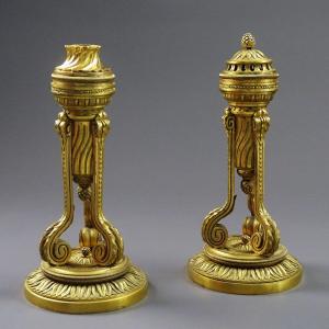 Jean-charles Delafosse - Pair Of Perfume Burners / Louis XVI Period Candlesticks