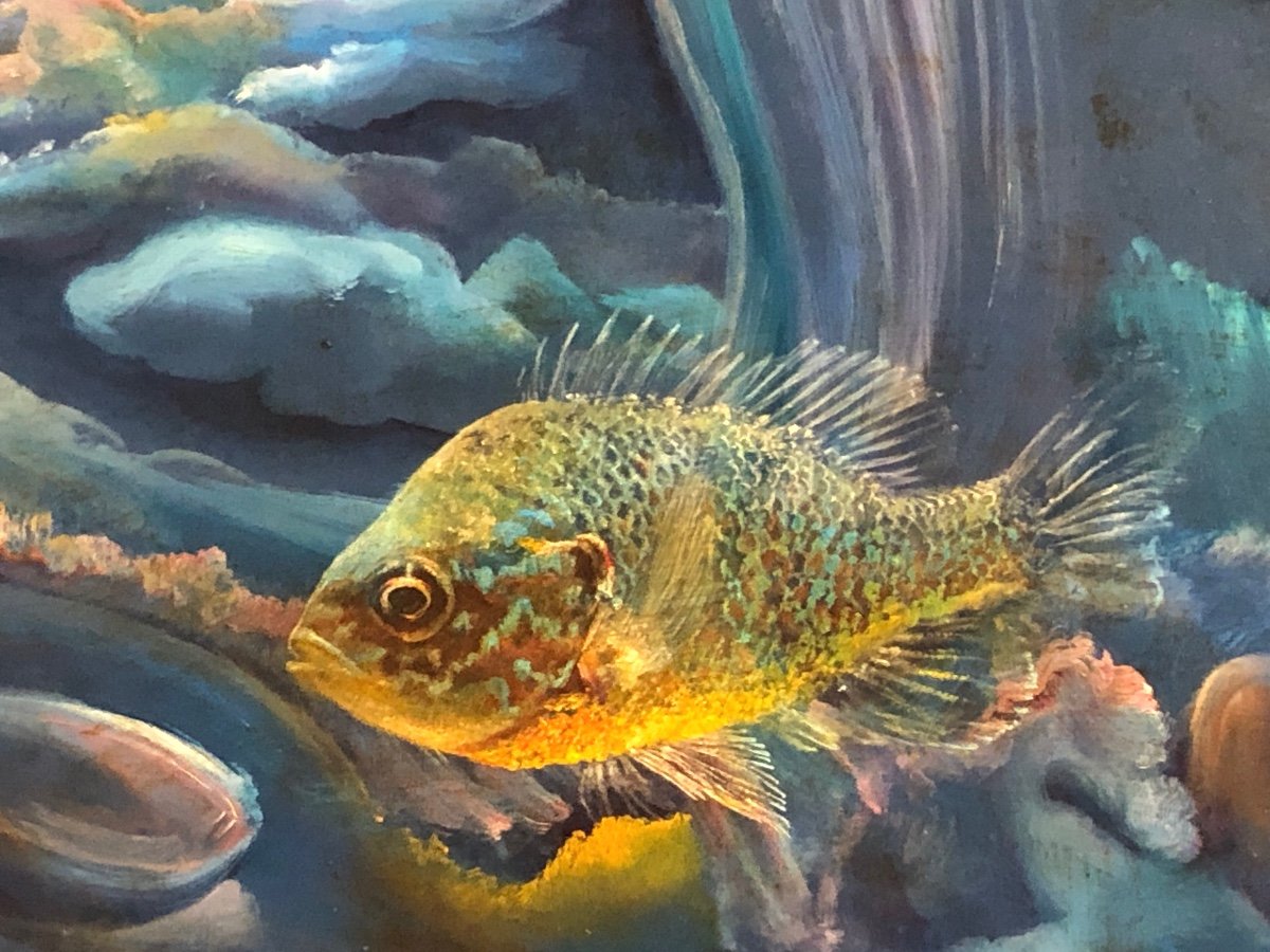 Louis P. FABIEN 1924-2016 Grande huile onirique Jeune Femme au décor aquatique Poisson Mer -photo-1