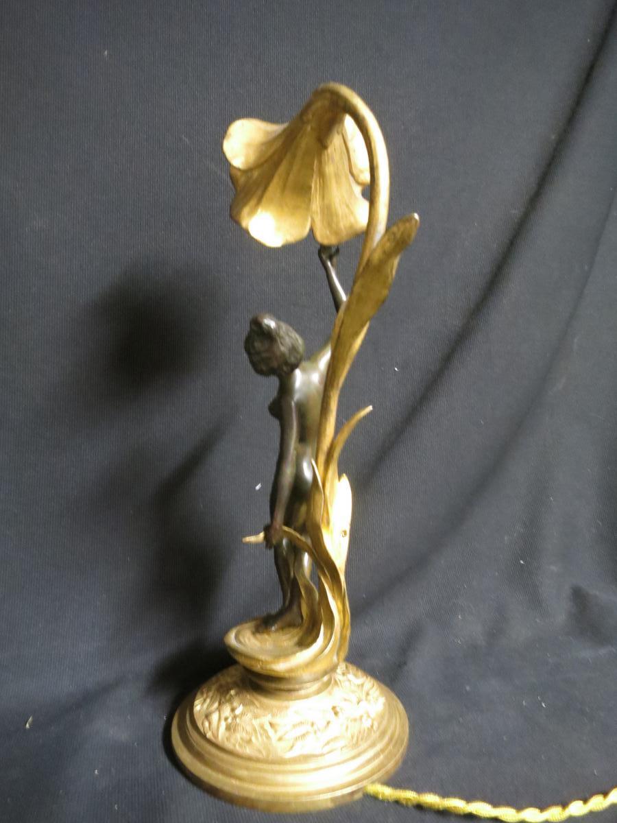 Rare Lampe Art Nouveau De Charles-emile Jonchery Femme Fleur En Bronze-photo-6