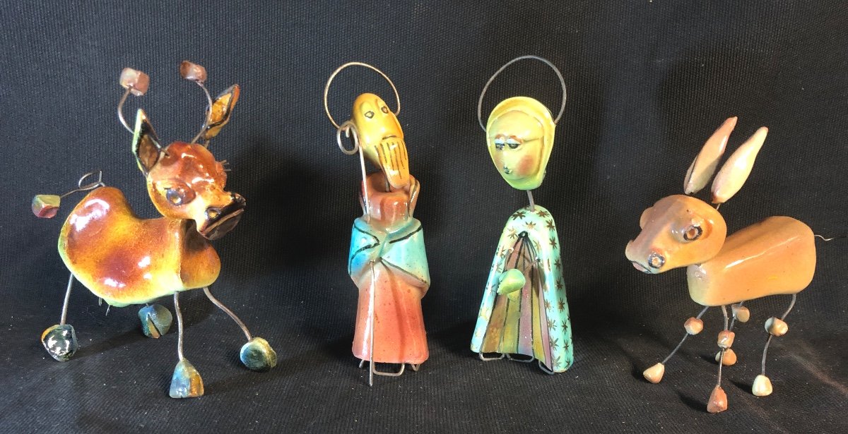 ACCOLAY Partie de creche de Noël 4 personnages céramique et fil de fer  Marie Joseph bœuf âne  
