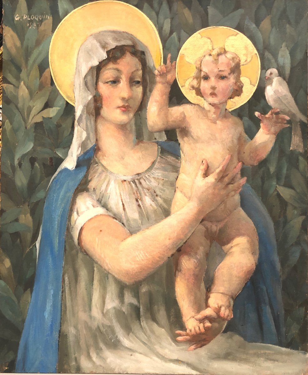 Gaston PLOQUIN 1882-1970 Huile et or 1937 Vierge à L’enfant Art Deco colombe -photo-2