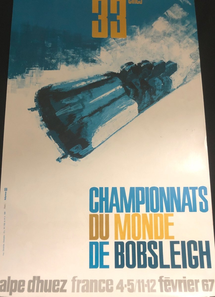 RARE Affiche BOBSLEIGH 30e Championnats du Monde Alpe d’Huez Février 67 Grenoble Sports d’Hiver -photo-1