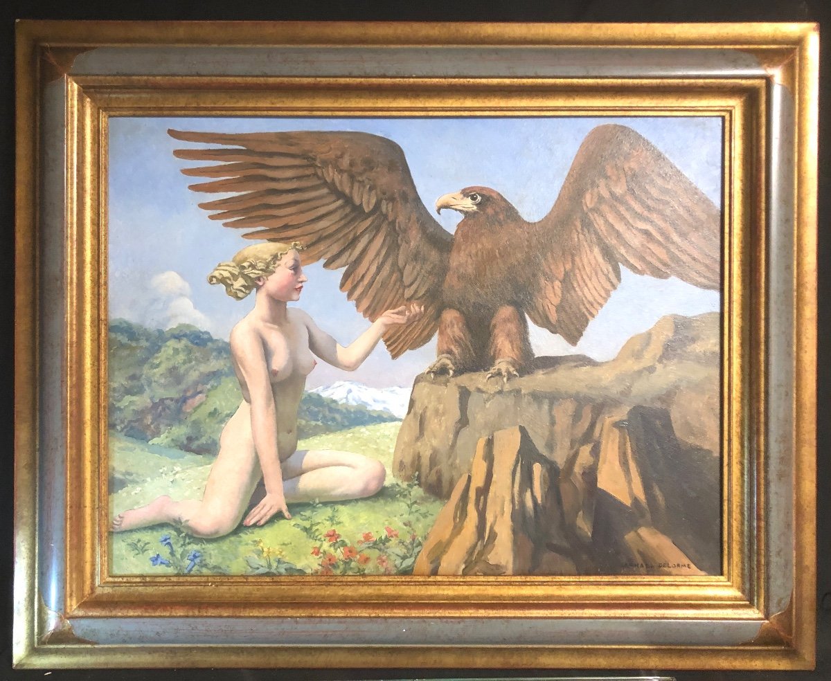 Raphaël Delorme 1885-1962 Oil Young Woman And Eagle In Majesty Around 1950 Art Deco-photo-2