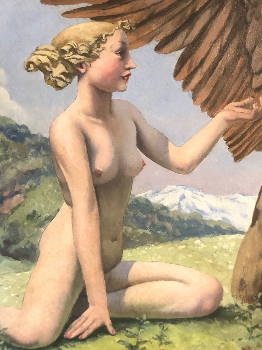 Raphaël Delorme 1885-1962 Oil Young Woman And Eagle In Majesty Around 1950 Art Deco-photo-4