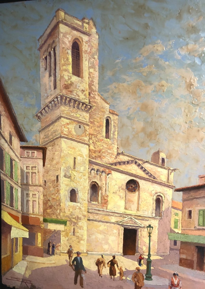 Pierre Roig 1905-1963 Big Oil Nîmes Cathedral 61x50cm-photo-3